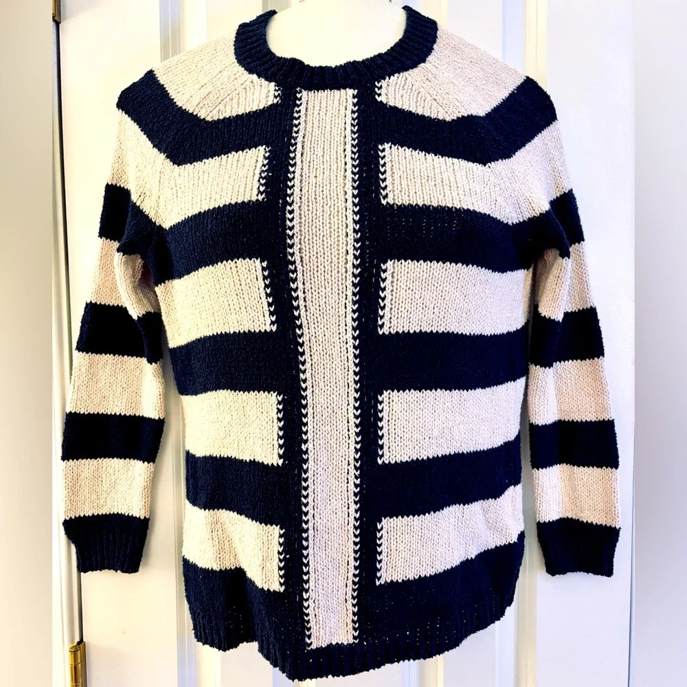 J.Crew Sweater crewneck Pullover Knit navy cream stripes preppy casual small